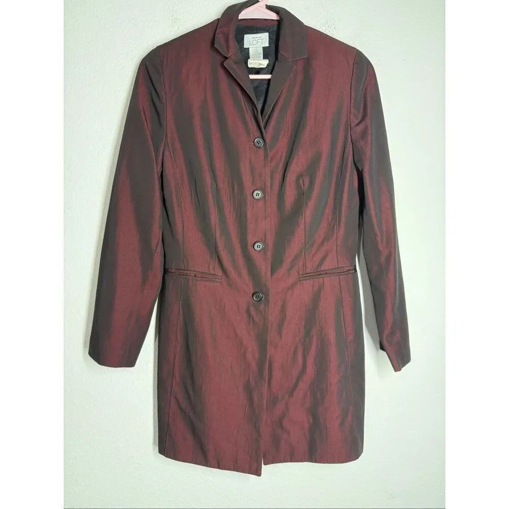 LOFT Deluxe Sculpted Lined Long Blazer Burgundy Black Tint Size 6 Petite